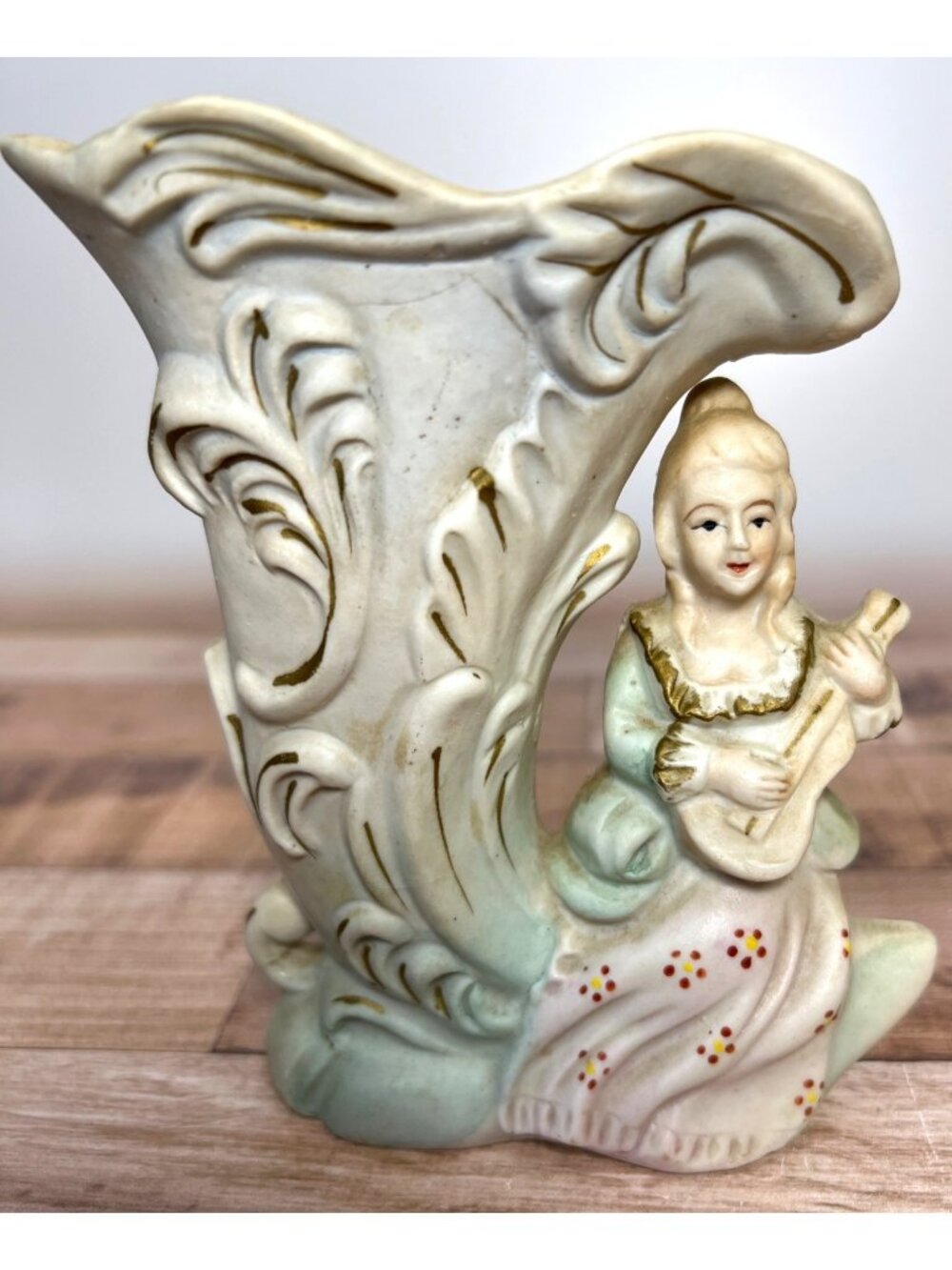 Vintage Ceramic Lady Playing Mandolin Vase With Ornate Scroll Design - 5.25" Tal